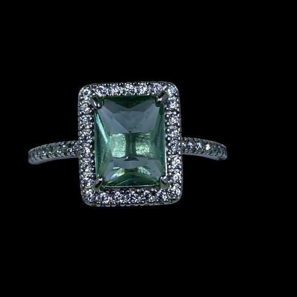 Coquette Emerald Cut Halo Ring Sterling Silver SZ8 Soft Girl Romantic Glam Gift - Picture 3 of 7